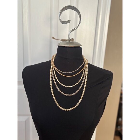 Layered Faux Pearl & Gold Beaded Necklace With Adjustable Clasp - Picture 9 of 10